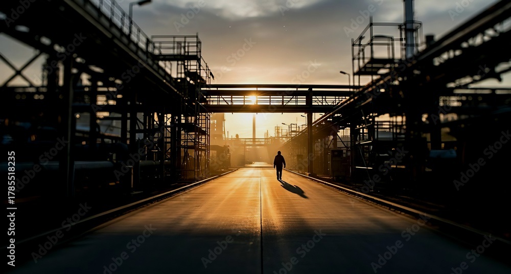 Fototapeta premium solitary figure walking down a wide industrial road flanked by large metal structures and piping at sunrise or sunset, warm golden backlight, long shadows, cinematic and contemplative atmosphere.