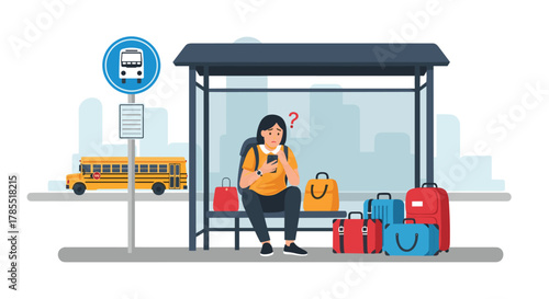 Lost student with luggage checks phone at bus stop, wondering where the bus is - can be used for articles about transportation problems