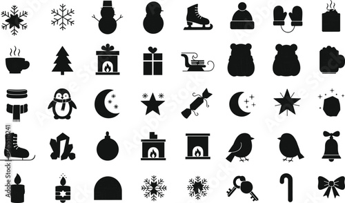 Winter holiday icon set, black silhouette clipart, Christmas symbols, snowflake, snowman, gift box, candle, penguin, festive vector