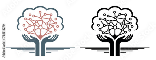 Two hands holding a tree with a network of nodes and connections representing knowledge and growth.