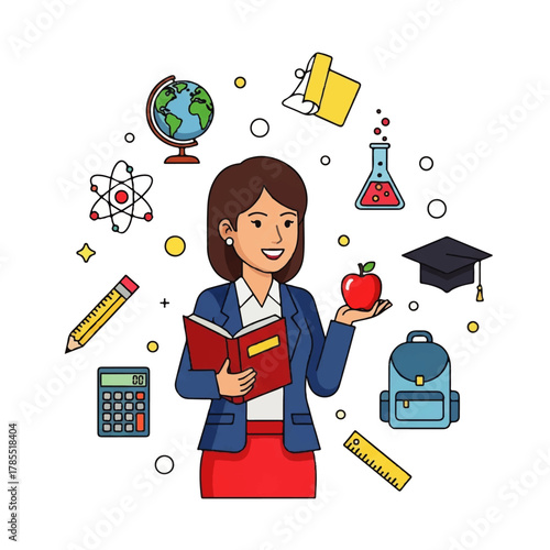 A smiling teacher holds a book and an apple, surrounded by educational symbols like a globe, calculator, and graduation cap.