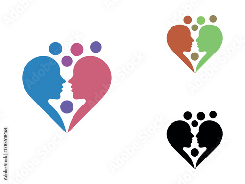 Abstract heart shape formed by two profiles with colorful dots above, representing connection and community.