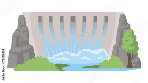 A colorful vector illustration shows a hydropower dam releasing water with great force. Surrounding rocks and trees enhance the natural beauty of this energy-generating site.