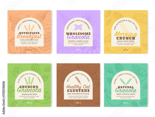 Granola packaging designs featuring wholesome ingredients and nutritional benefits