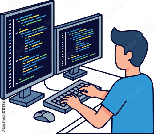 Programmer working on dual monitors with code displayed.