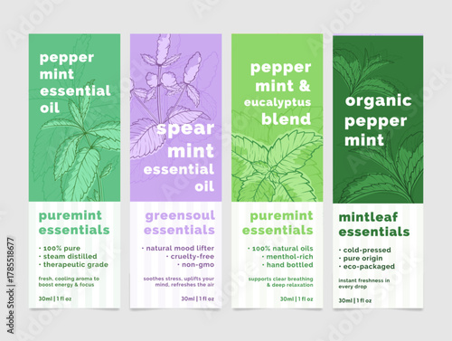 Label templates for various types of mint oil, including peppermint and spearmint, showcasing natural ingredients and eco-friendly production methods.