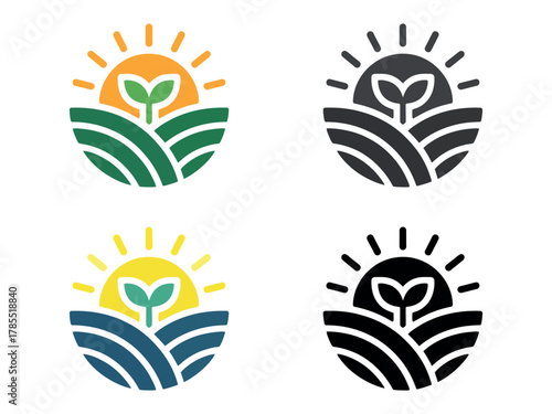 A stylized logo representing agriculture, with a rising sun, green fields, and a sprouting plant.