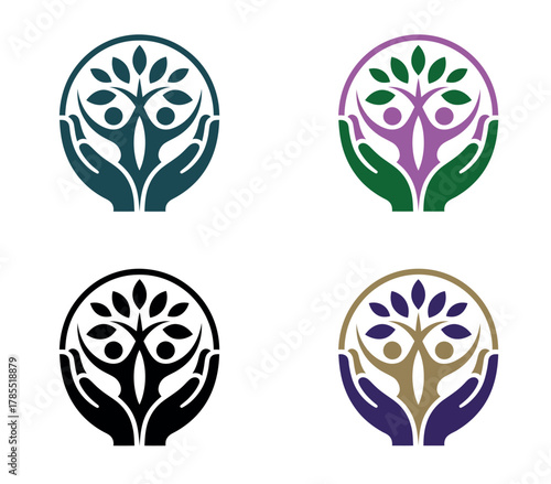 A logo design featuring a stylized tree with human figures and supportive hands, presented in four color variations.