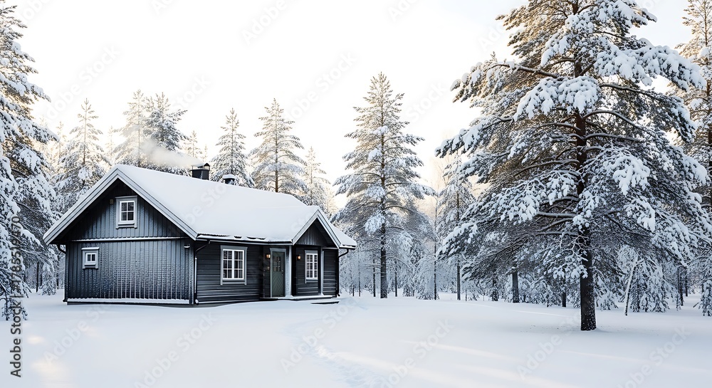 Naklejka premium A cozy dark wooden cabin covered in snow, nestled within a brightly lit winter forest of snow-laden pine trees, with smoke gently rising from the chimney.