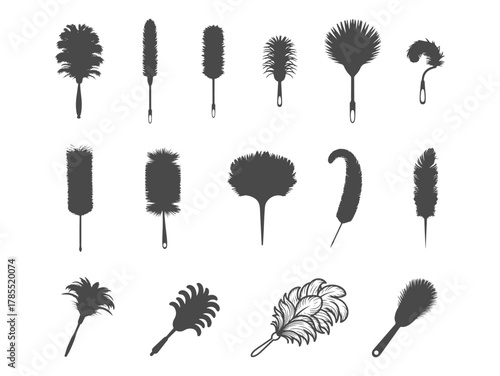 Feather Duster Vector Silhouette Set of Cleaning Tools Isolated on White Background.