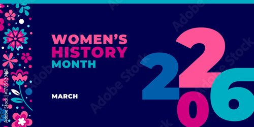Women's History Month 2026. Text on the black background with numbers. Banner, poster, illustration Women s History Month for social media