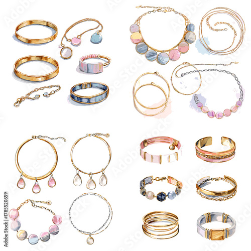Elegant bracelet collection featuring gold bangles, pastel stones, charms, and beaded designs. Perfect for jewelry branding, fashion catalogs, and luxury illustrations.