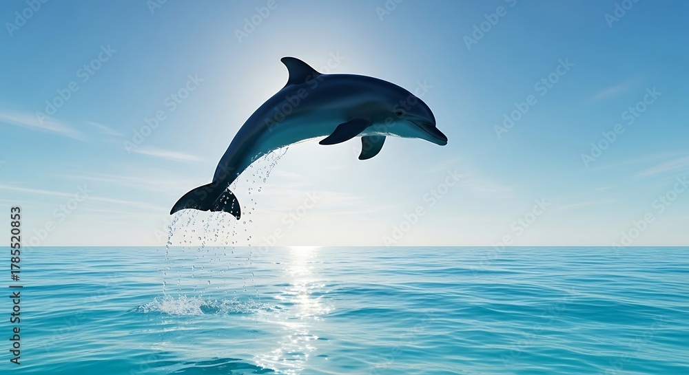 Obraz premium A majestic dolphin leaps high out of the clear blue ocean water with the sun shining brightly behind it.