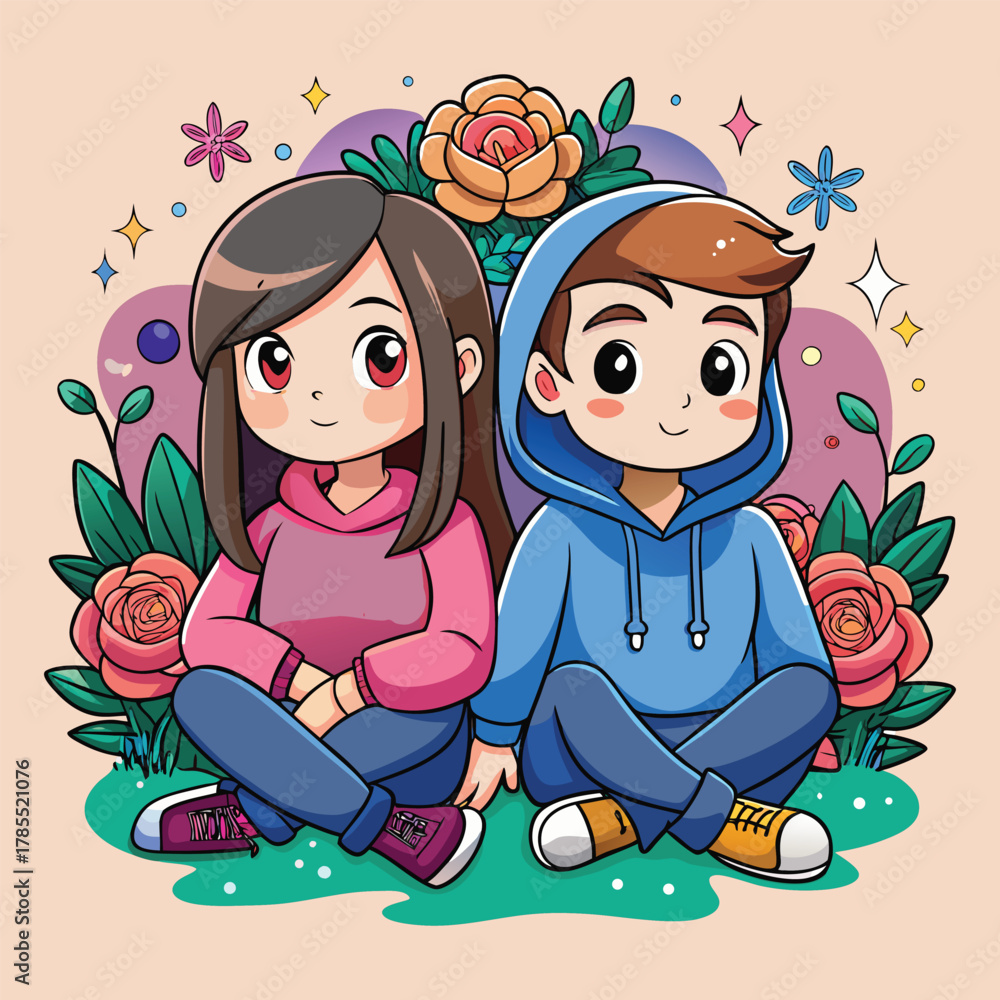 Naklejka premium Cute Anime Couple Sitting with Floral Background