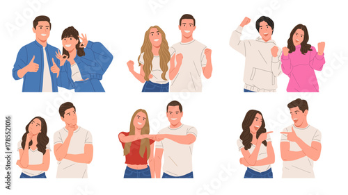 Set of happy young couples showing different emotions and gestures, communication and relationship concept, flat vector illustration on white background