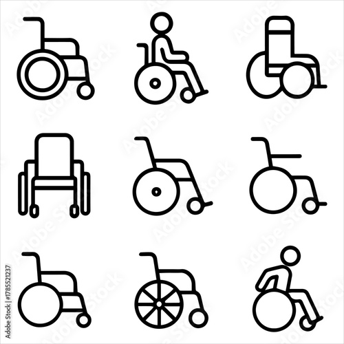 Collection of various wheelchair icons representing accessibility and mobility aids
