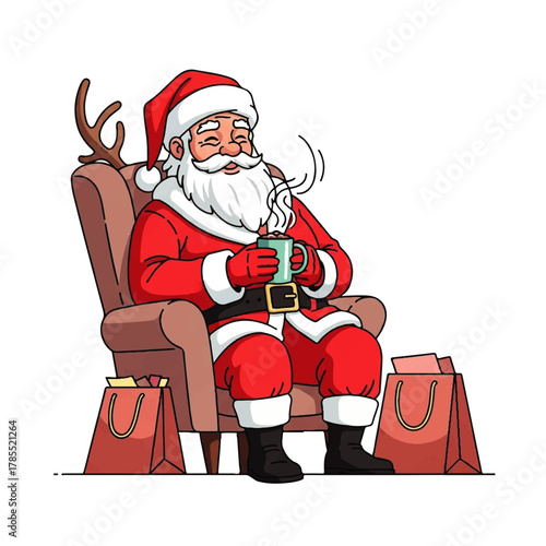 Santa Claus relaxes in a chair, enjoying a warm beverage after shopping.