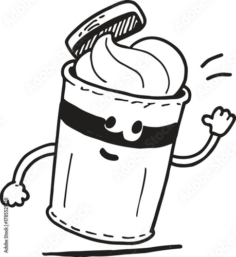 Happy cartoon cup with whipped cream, lid open, cheerfully waving
