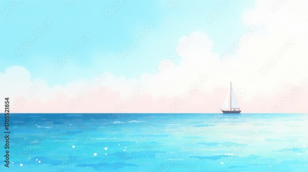 Obraz premium Serene sailboat on a calm ocean under a pastel sky with fluffy clouds, a peaceful and tranquil seascape illustration.