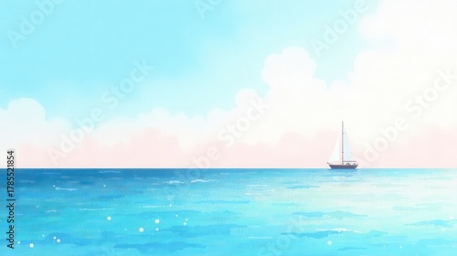 Serene sailboat on a calm ocean under a pastel sky with fluffy clouds, a peaceful and tranquil seascape illustration.