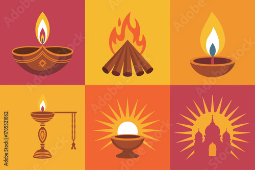 Detailed flat illustration set for Hindu devotion, featuring oil lamp, fire, sun, and rising sun symbols.
