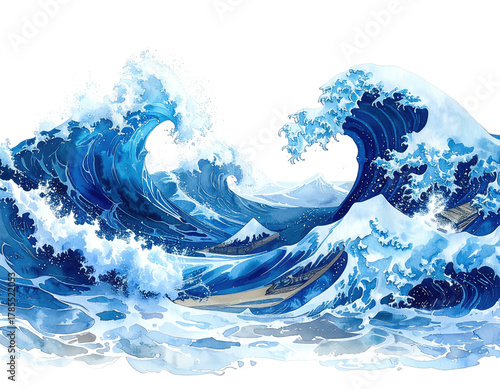 Iconic woodblock print, stylized waves crash, mountain in background, navy & aqua hues