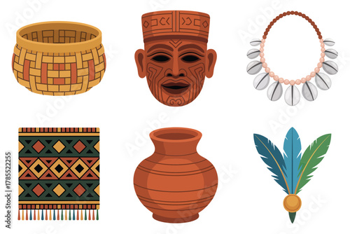 Colored outline vector icons for Polynesian tribal artifacts, illustrating basket, mask, necklace, urn, and feather symbols.