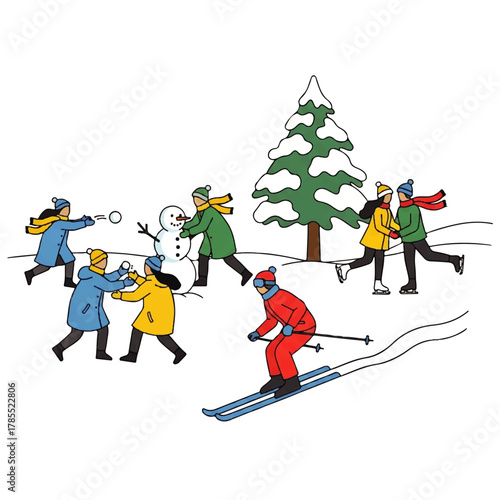 People enjoying winter activities: building a snowman, having a snowball fight, ice skating, and skiing.