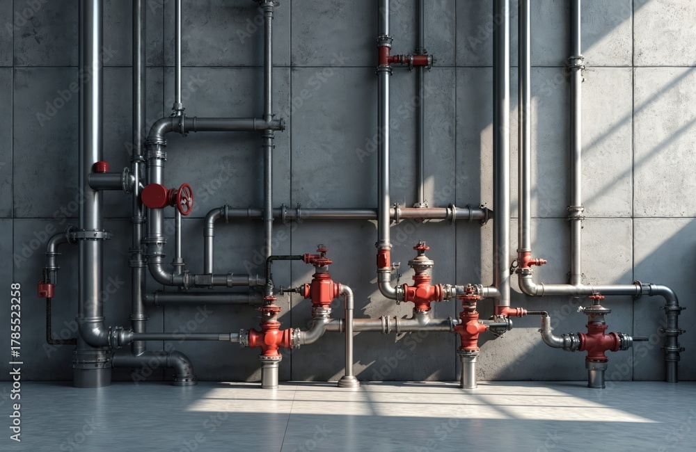 Naklejka premium Complex pipeline system on concrete wall. Metal pipes with red valves show connection. Industrial setting with sunlight. Plumbing, engineering illustration for industry 4. 0 concepts. Manufacturing