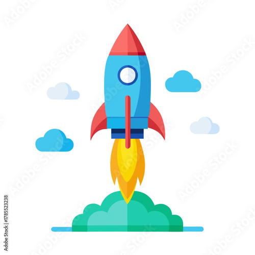  Blue Rocket Taking Off - Flat Design Icon