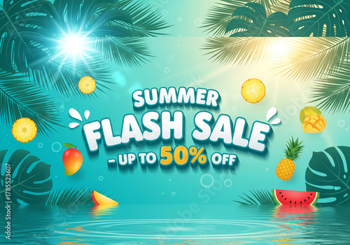Summer flash sale banner with tropical fruits and water ripple effects
