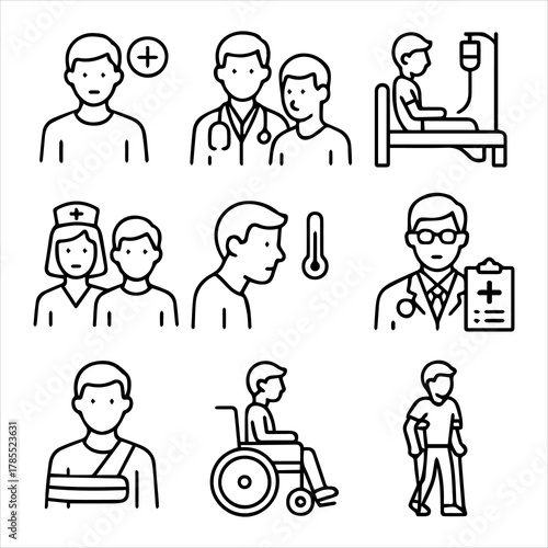Set of healthcare line icons depicting patient care, doctor consultation, hospital treatment, and physical injury recovery