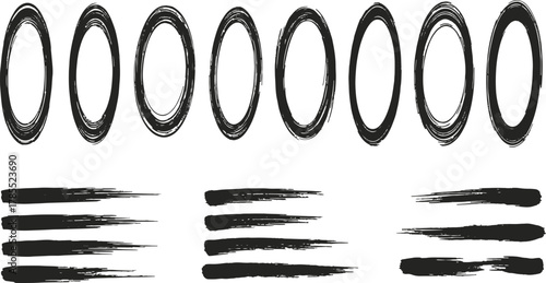Collection of hand drawn black brush stroke oval shapes and horizontal lines on white background