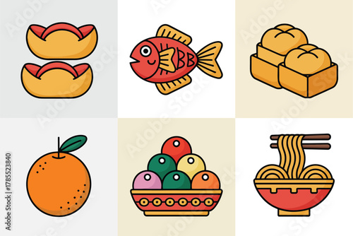 Flat vector icon set for Chinese New Year food, featuring orange, fish, dumpling, and noodle bowl.