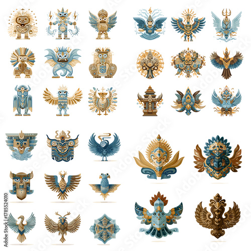 Intricate mythical bird and sacred emblem illustrations inspired by Garuda and ancient cultural motifs. Ideal for folklore projects, decorative art, and spiritual designs.