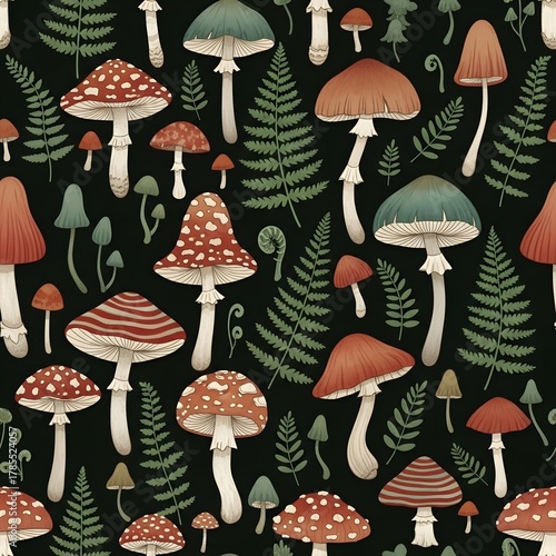 A seamless pattern featuring various colorful mushrooms and fern leaves on a dark background, creating a whimsical and natural woodland theme