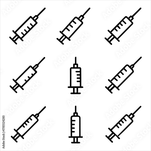 Set of nine black line syringe icons representing medical injections, vaccinations, and healthcare. Simple vector symbols for web and graphic design
