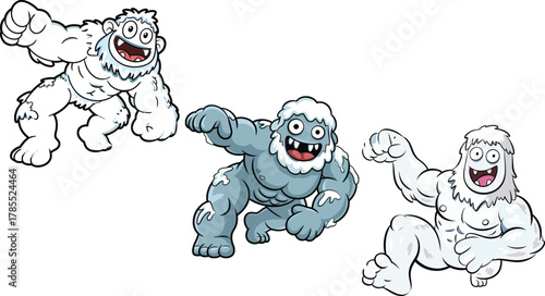 Funny cartoon yeti character illustration, strong muscular snow monster with icy fur, playful winter creature design for fantasy and adventure themes