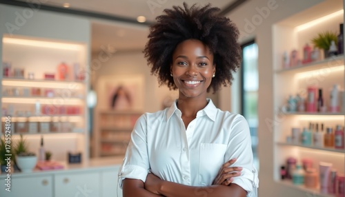 Attractive Black woman employee poses smiling in beauty shop. Confident salesperson stands with arms crossed. Modern skincare product store interior. Pro retail worker offers service.