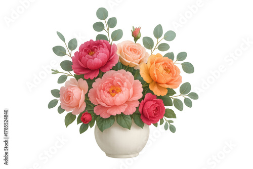 Wallpaper Mural Vase holding a colorful bouquet of blooming roses and peonies, accented with green leaves, bringing elegance and freshness Torontodigital.ca