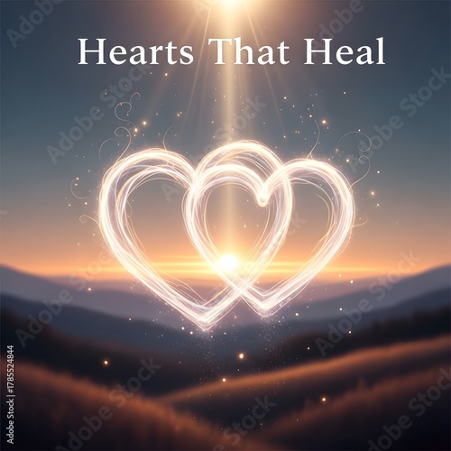Two glowing, intertwined hearts illuminated by a radiant light against a scenic sunset background symbolize love, healing, and emotional connection in a peaceful outdoor setting