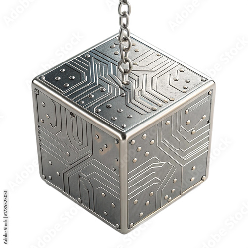 Futuristic metallic cube with intricate circuitry design suspended by a strong chain, symbolizing innovation and technology