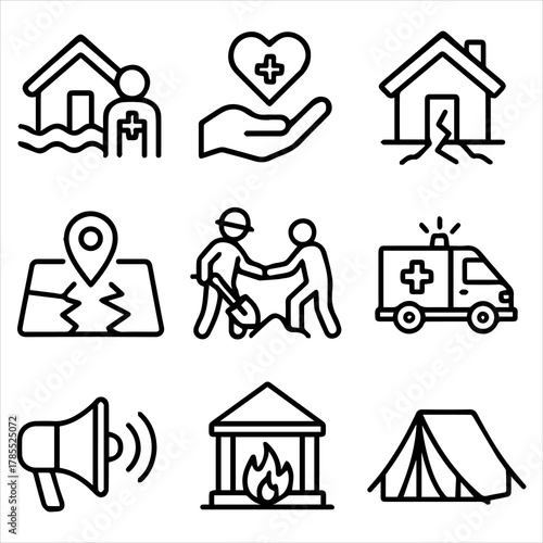 A collection of thin line icons representing natural disasters and humanitarian aid, including symbols for emergency, rescue, and support services