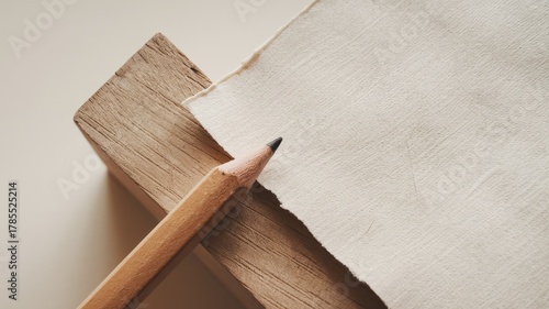 Wooden block supporting a piece of paper and a pencil.