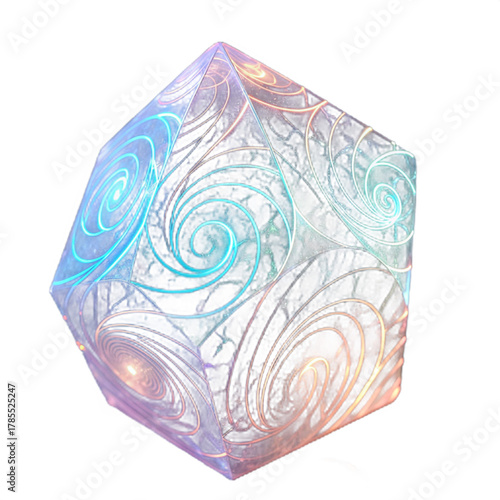 Enchanting geometric crystal with luminous spiral patterns, radiating vibrant energy and mystical allure for abstract design