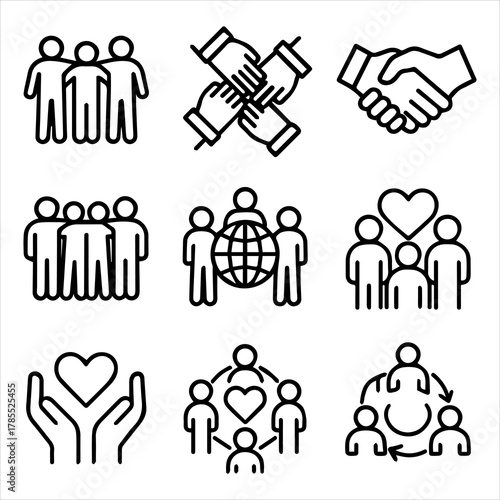 A collection of diverse line icons representing social unity, partnership, and humanitarian concepts, perfect for modern digital design and web applications