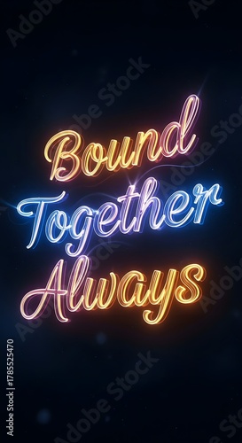 Colorful neon sign displaying the phrase 'Bound Together Always' against a dark background with a subtle bokeh effect