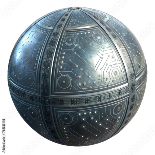 Intricate metallic sphere showcases futuristic circuit board design and advanced technology with subtle lighting effects