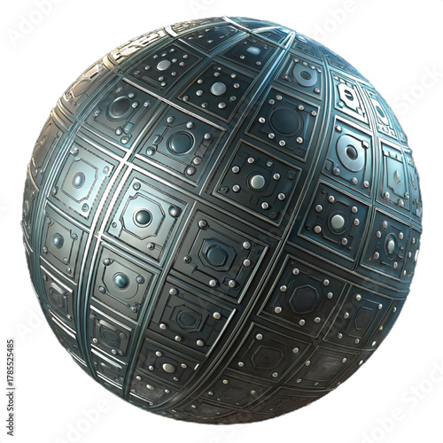 Intricate metallic sphere with futuristic geometric paneling and glowing accents evokes advanced technology and sci-fi exploration