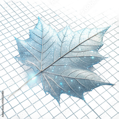 Stunning frosted maple leaf glistens with magical light against a subtle grid pattern, evoking winter's crisp elegance and natural wonder
